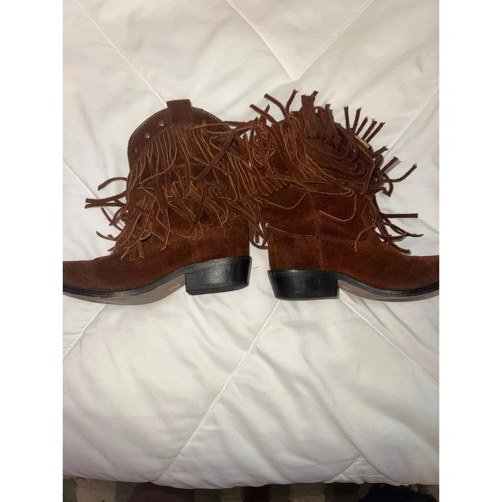Shyanne Brown Suede Fringe Western Ankle Boots Studded Pointed Toe Kids 11